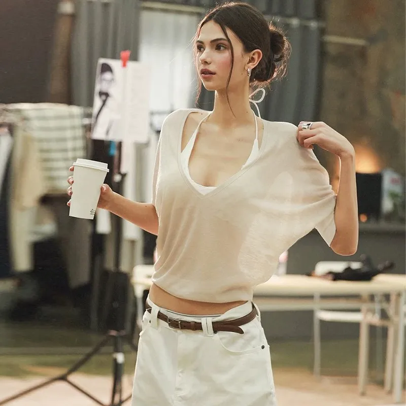 Pink Blouse Loose Fit V Neck Sheer Blouses Streetwear Solid Color Top Cropped Oversized White Cami Layer Long Sleeve Top Draped