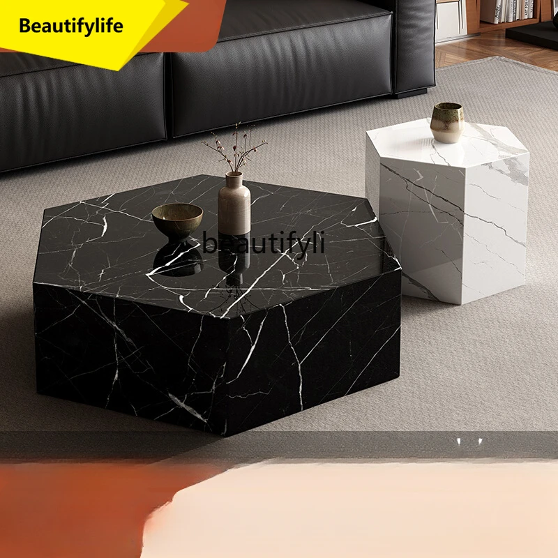

A57 Italian minimalist hexagonal rock slab coffee table high and low combination villa home living room light luxury
