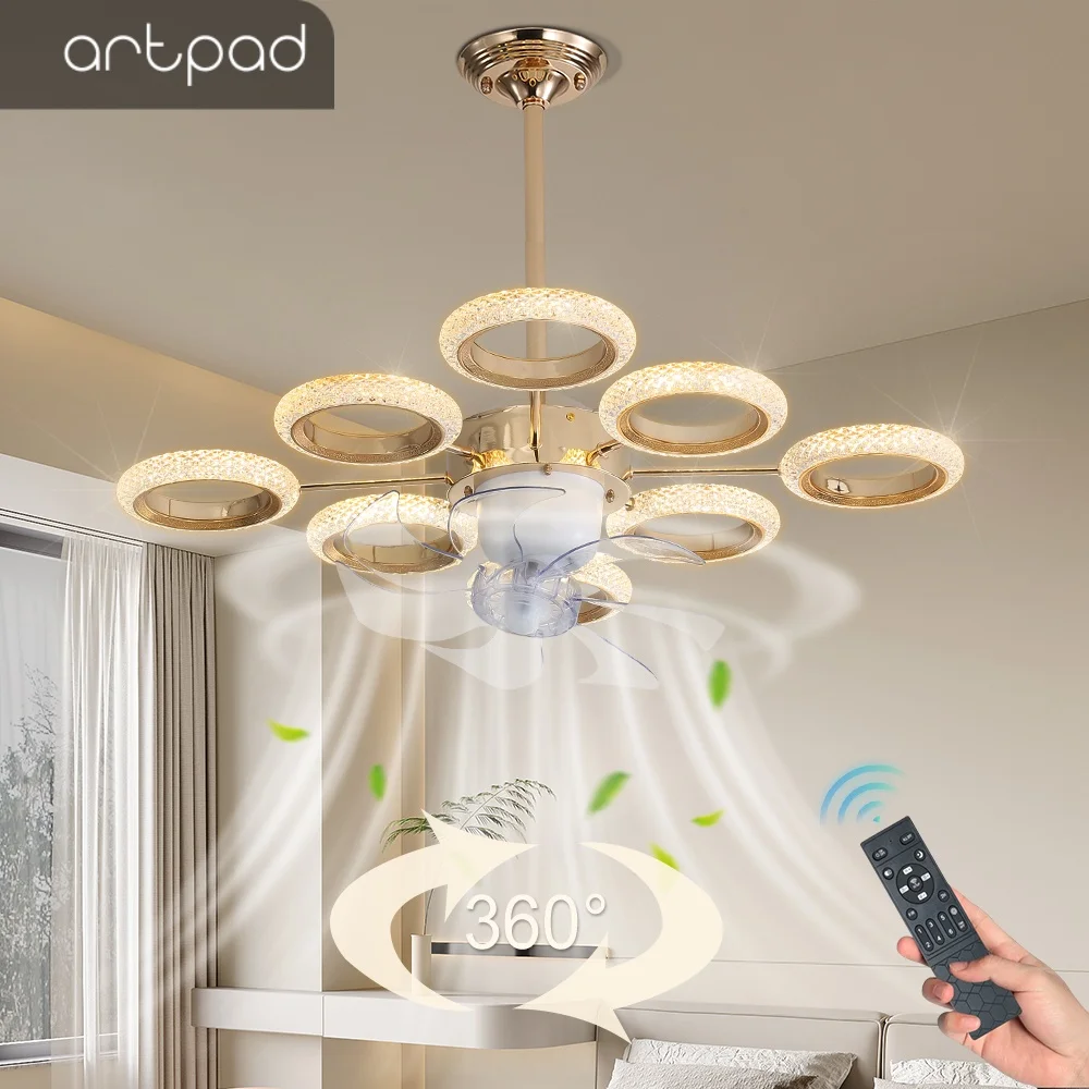 Artpad Crystal Chandelier Fan Luxury Led Ceiling Fan Lamp with Light with Remote Control LIving Room Dimmable for Dinning Room