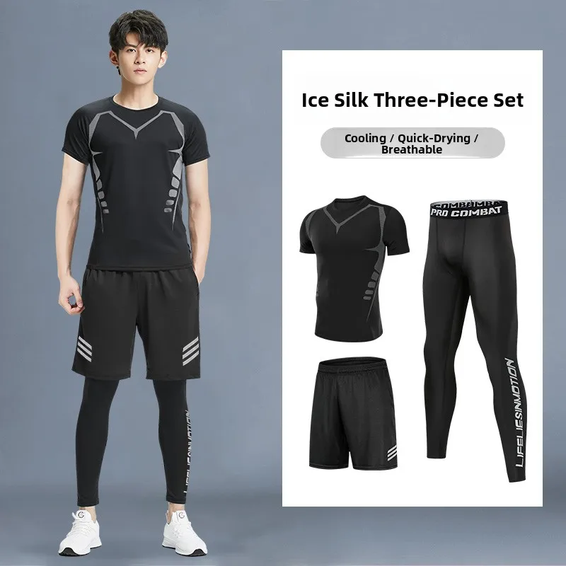 

Men's Fitn Clothing Set Summer Thin ort Sve Ice Silk Running Training Qui Dry Sport Suit High Elastic Tight Pants