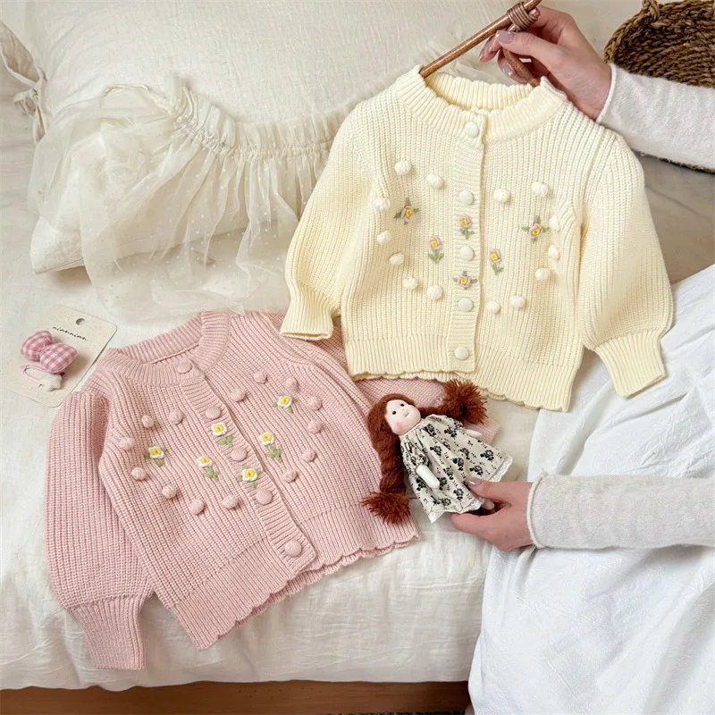 

Autumn Children Girl Sweater Korean Floral Embroidery Toddler Girl Cardigan Simple Versatile Infant Babys Girls Knitwear Clothes