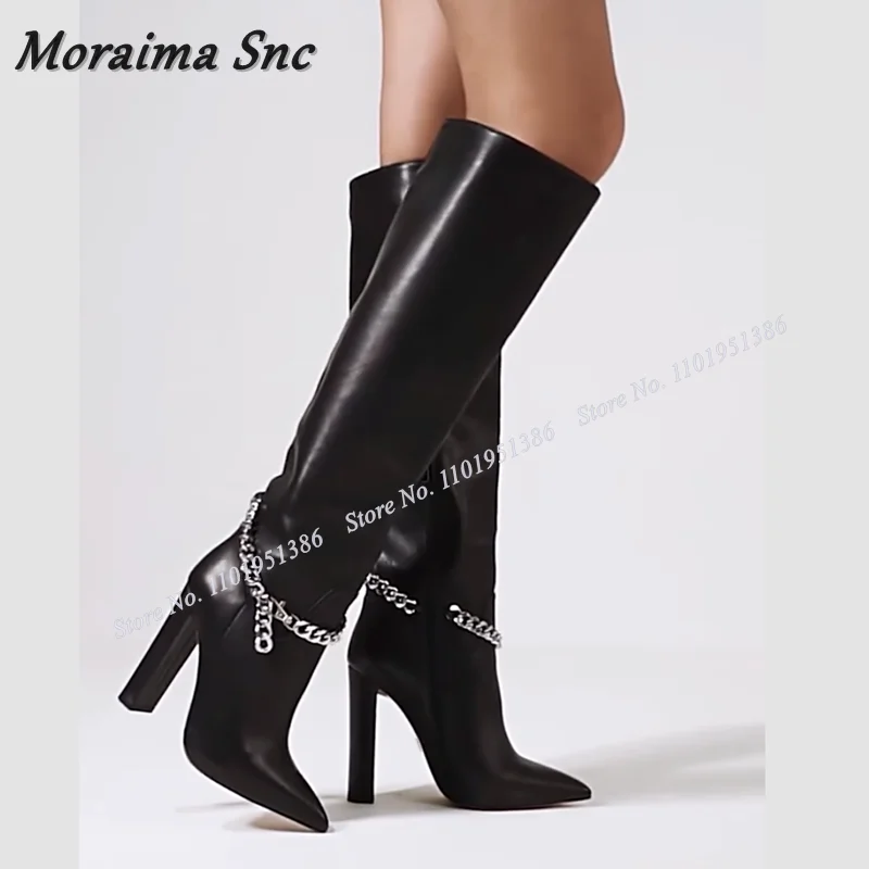 Moraima Snc Black Chain Decor stivali con tacco grosso stivali alti al ginocchio solidi scarpe a punta per le donne tacchi alti Zapatillas Mujer