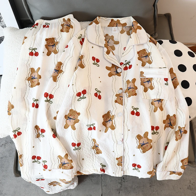 Cartoon Cherry Bear Kawaii Women\'s Pajamas Harajuku Cute Y2K Pajamas for Women Long Sleeve Top & Elastic Waist Pants Sleepwear