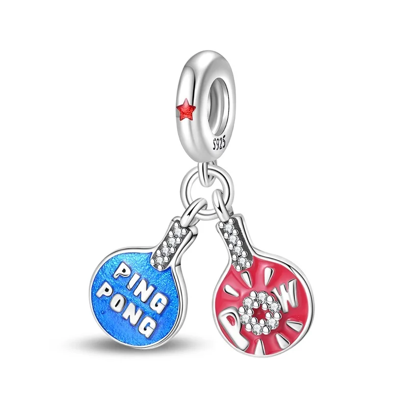 

925 Sterling Silver Charms Red And Blue Match Table Tennis Zircon Pendant Fit Original Bracelet DIY Women birthday Jewelry Gifts