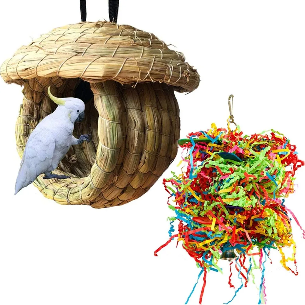 

Bird Nest Grass Bird Hut Outdoor Hanging Birdhouse Canary Nest Chickadee House Wren Nest Fiber Roosting Pocket for Parakeet Parr