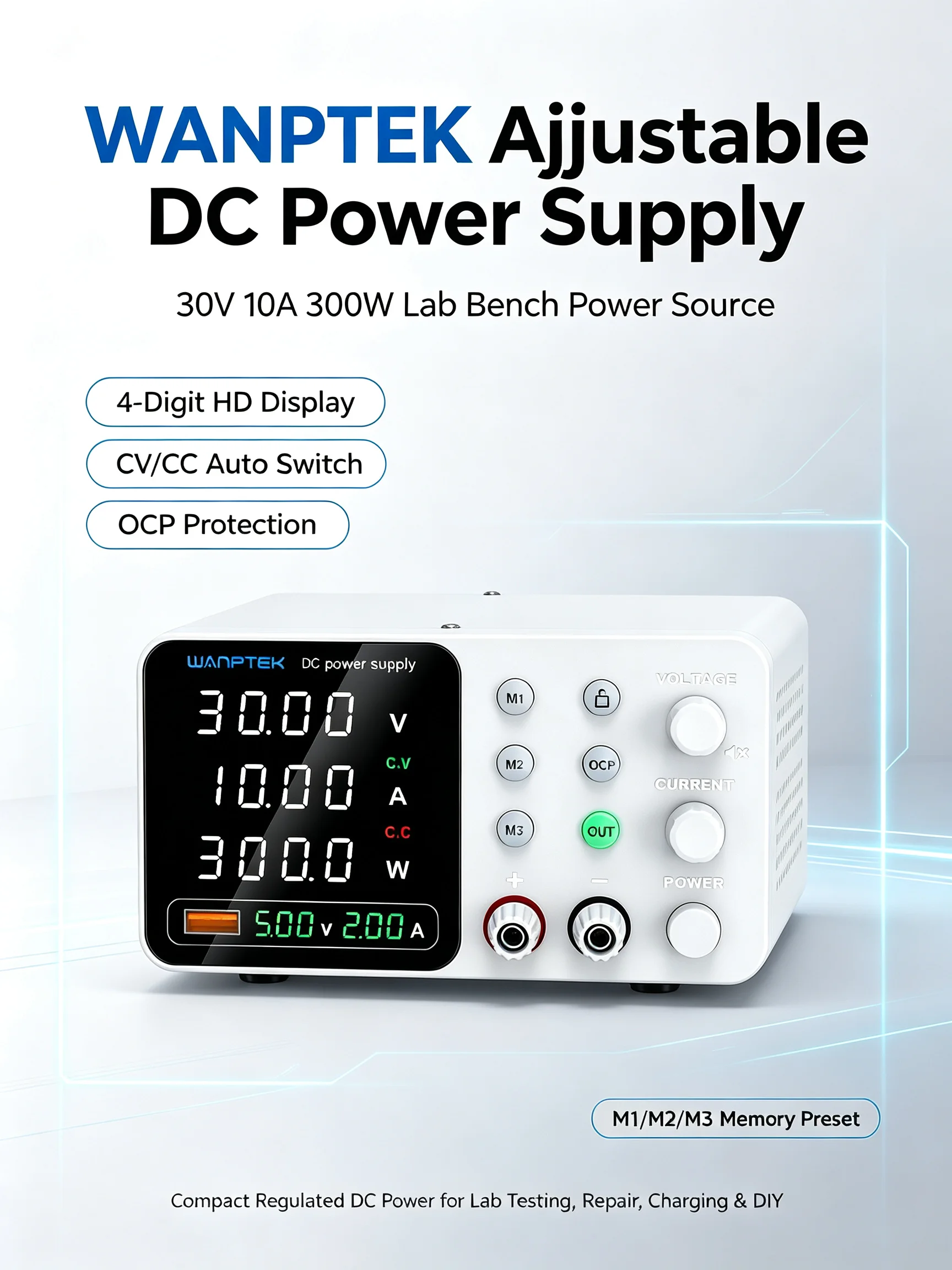 WANPTEK  Adjustable DC Power Supply 30V 10A 300W Lab Bench Switching Power Source 4‑Digit Display OCP Memory For Repair Lab DIY