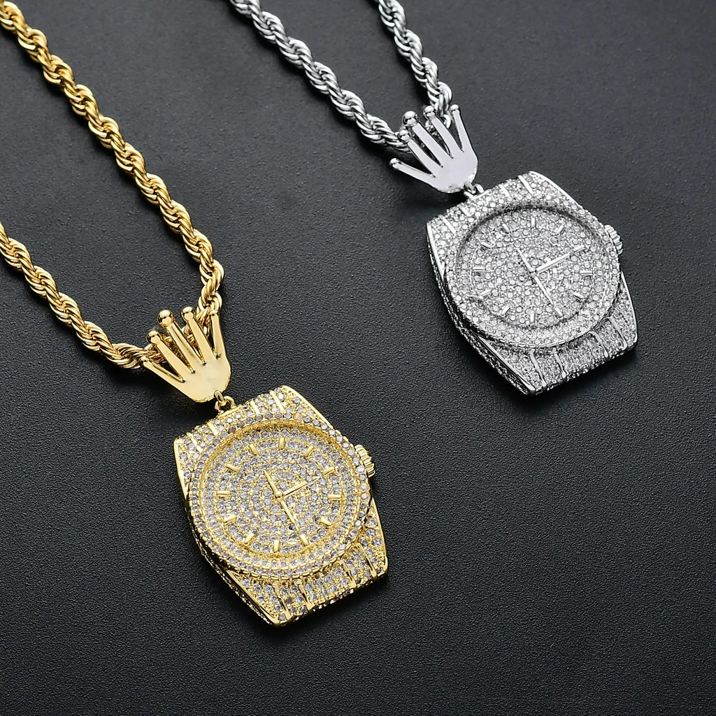Hip Hop Zircon Watch Dial Pendant Necklace For Men Personality Clock Shape Street Fashion Neck Jewelry