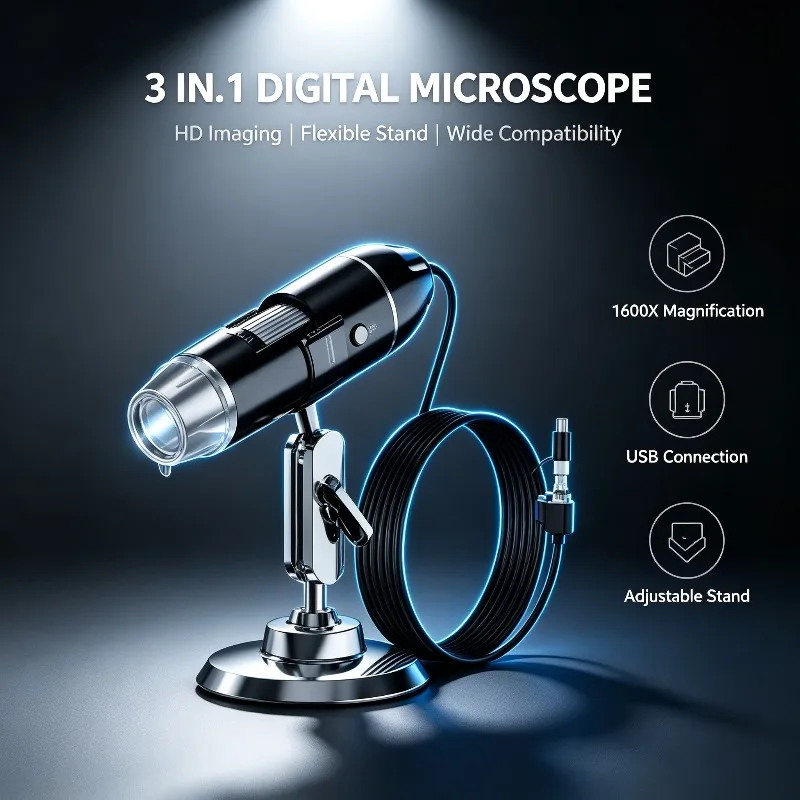 1600X 3-in-1 Digital Microscope, Portable Electronic Magnifier Compatible with Android, Type-C & Computer