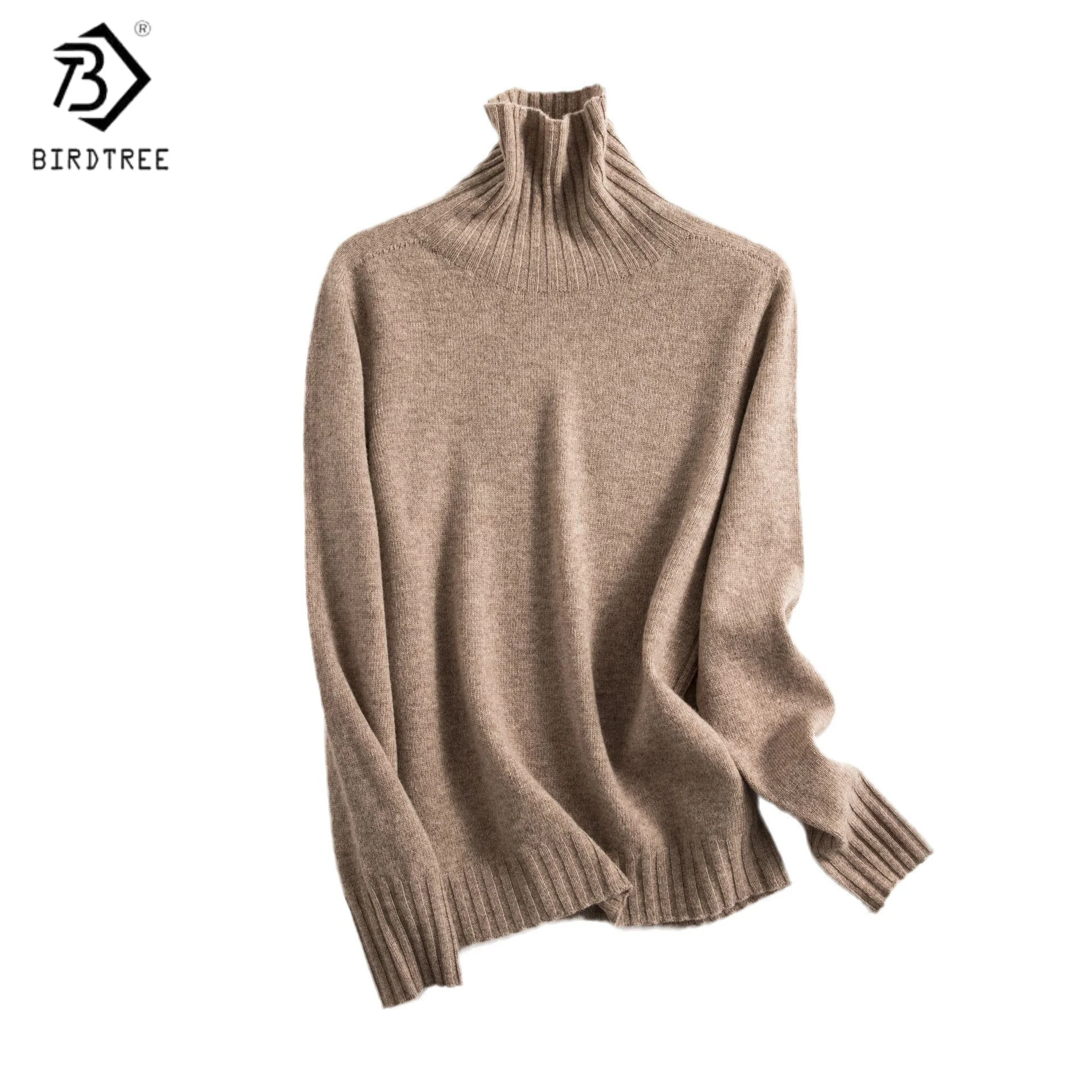 

Birdtree,100% Pure Wool Warmth Sweater,Women Knitted Basics Solid Tops,Turtleneck, Full Sleeve, 2025 Autumn Pullover T5D110JF