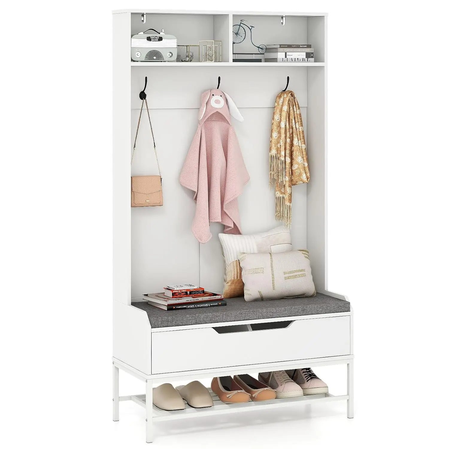 69-Inch Hall Tree with Bench & Shoe Storage, Cushion, Hooks, Lift-Top, Anti-Toppling Entryway Organizer, Customized