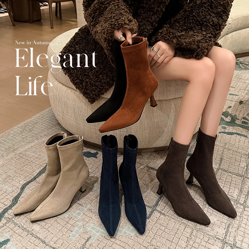 

2026 новые осенне-зимние женские ботильоны 22-24,5 см, эластичные фланелевые современные ботинки с острым носком, узкие ботинки на высоком каблуке с молнией сзади