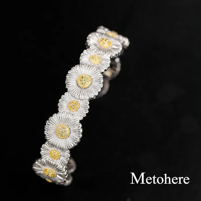 Metohere|Italian Retro Jewelry Plated 925 Silver Bracelets Bangles Women's Elegant Daisy Flowers Design Open Adjustable Bracelet