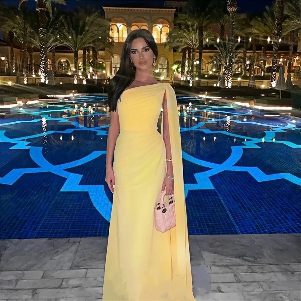 

Yellow One Shoulder Celebrity Dress Gorgeous Chiffon Sleeveless Straight Mop Special Occasion Coming-of-Age Prom Gown New