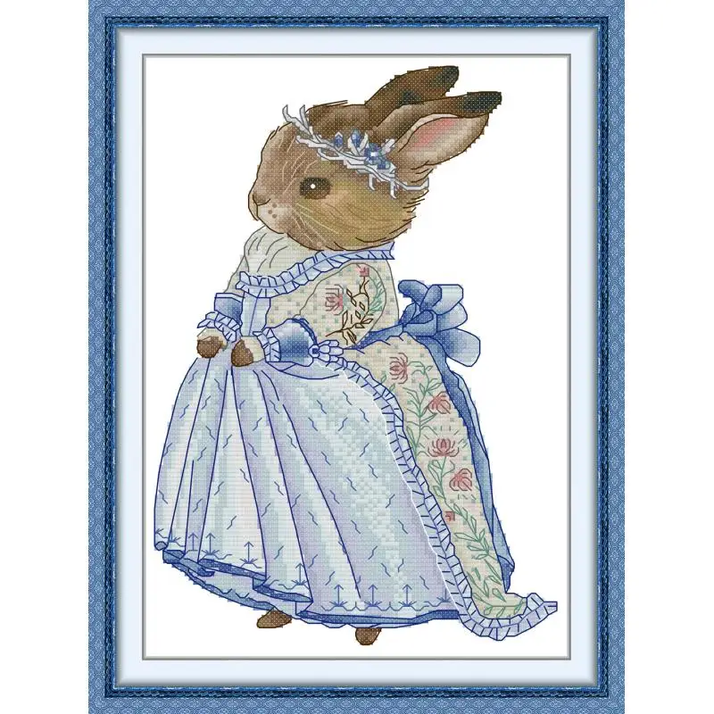 

Maydear Full Cross Stitch Kit, 11CT/14CT/16CT/9CT Aida Fabric,DMC Threads Sewing Pattern Embroidery Set-Bunny in a blue dress
