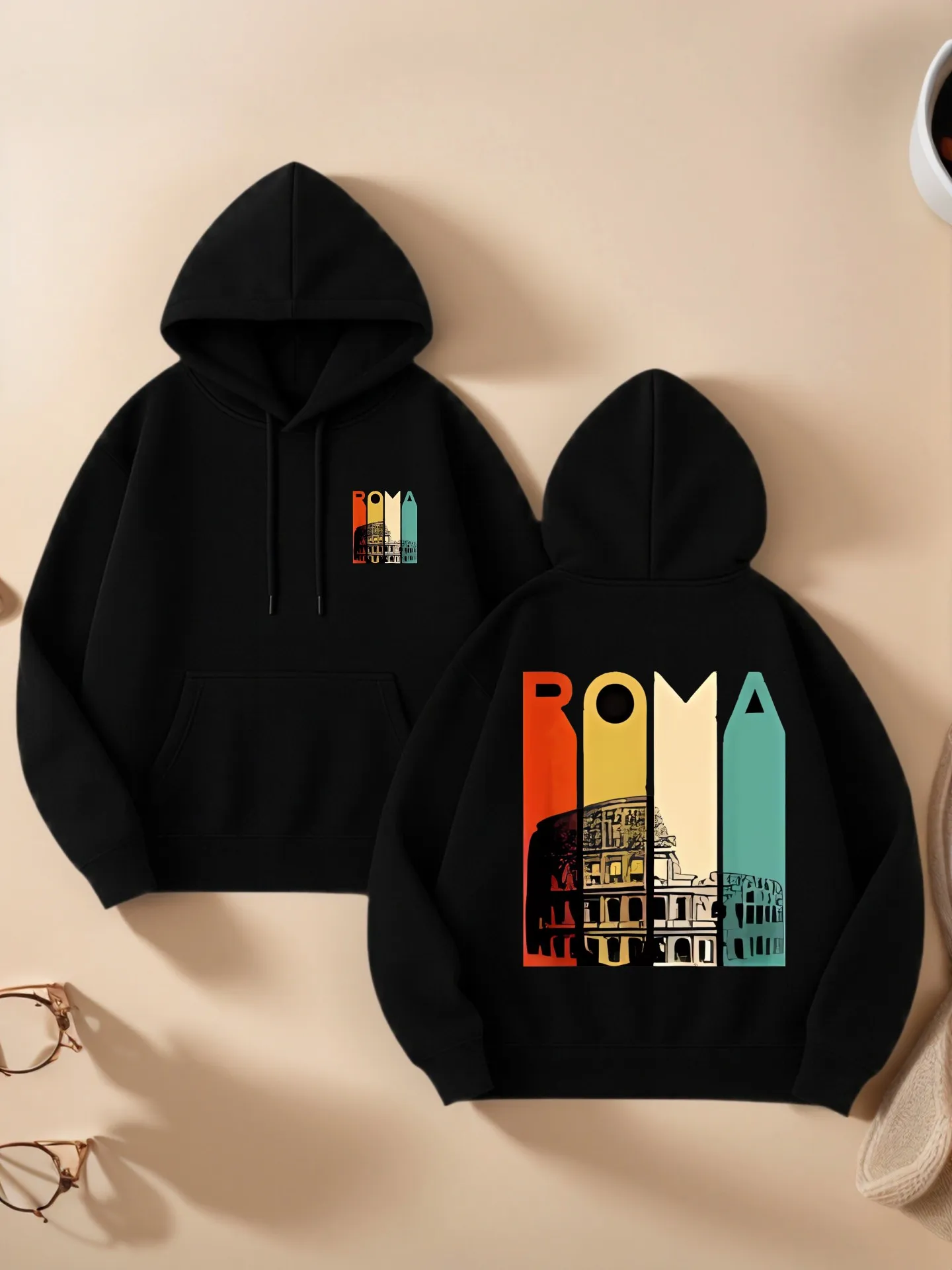 

Graphic Hoodie Women, Roma - Themed Graphic Print, Casual Aesthetic Design, Soft Fabric, Casual Everyday Wear, For Young Men