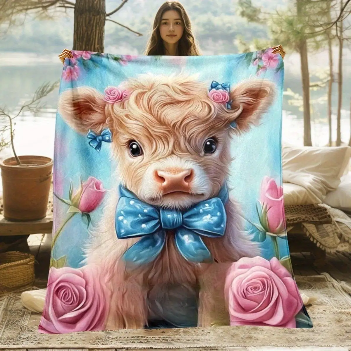 Printed Throw Pink Rose Highland Cow for Bedroom Couch Reading
