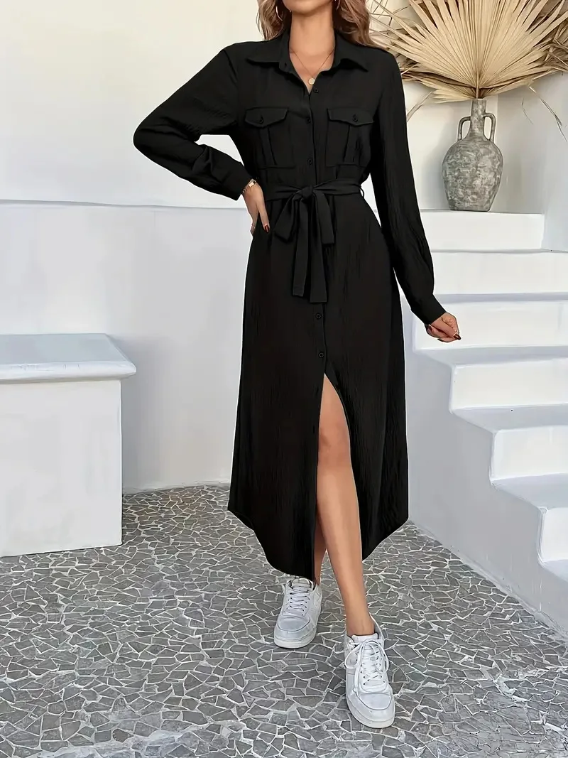 Elegancka, modna sukienka damska w jednolitym kolorze, sznurowana w talii, model na jesień 2025, nowość.