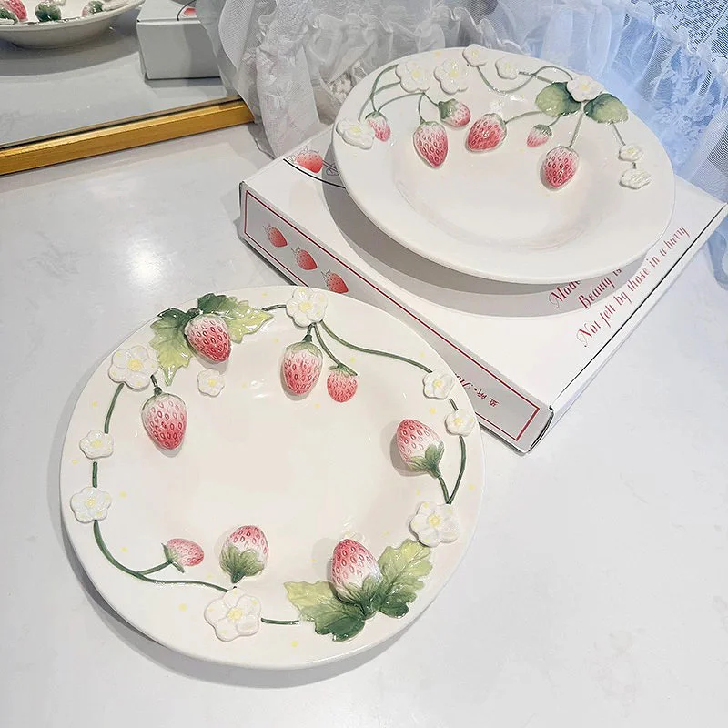 Plato de Cerámica con Relieve de Fresa 3D, Estilo Adorable, Vajilla Creativa para Cocina, Plato para Postre y Sushi de Gran Capacidad