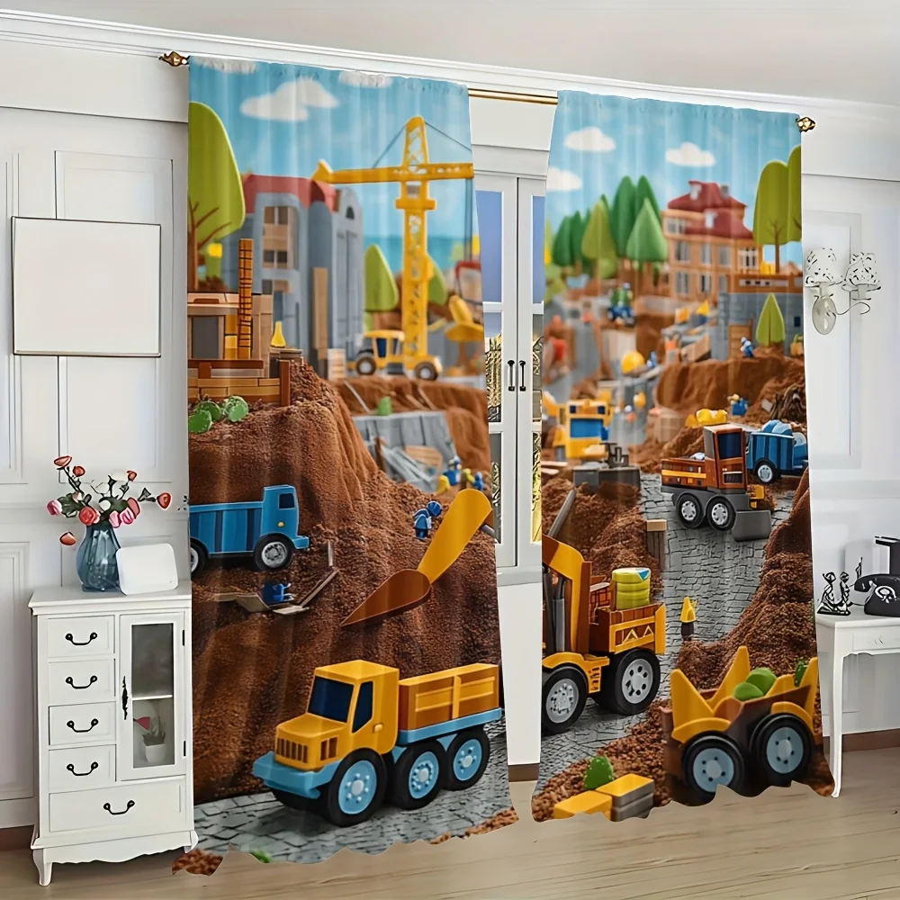 Kids Construction Site Curtain 2pcs Window Drapery Cartoon Excavator Truck Decor Nursery Room Playtime Theme Art