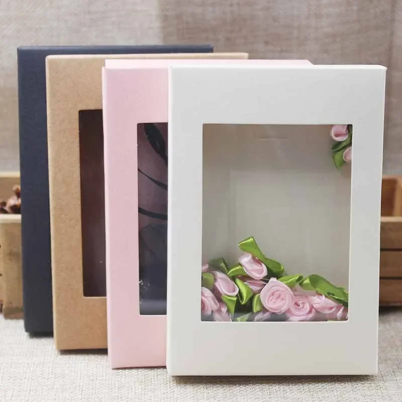 

50Pcs Multi Color Kraft Paper Packaging Boxes Gift Package Display Box With Clear PVC Window Birthday Wedding Candy Boxes