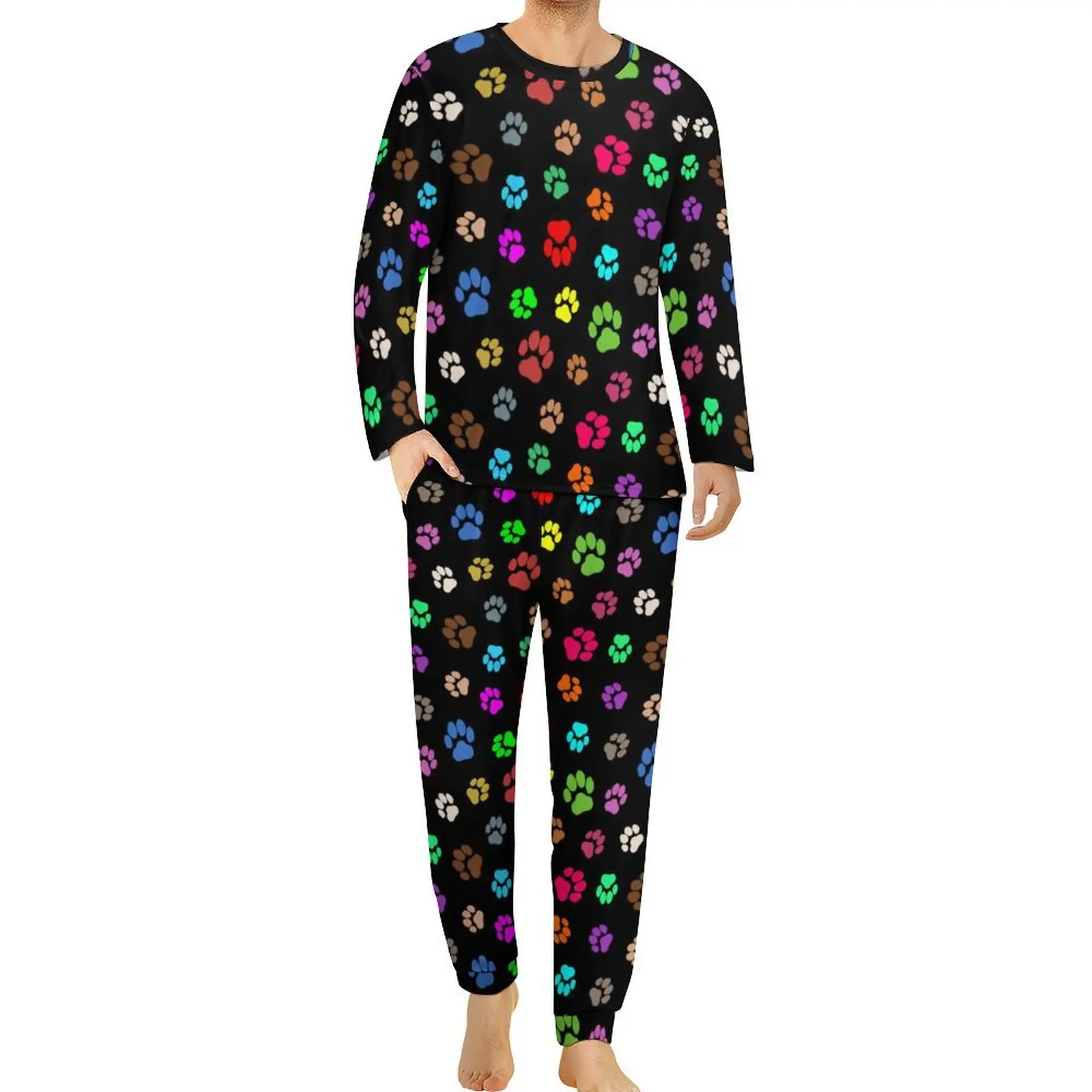 Colorful Dog Pow Pajamas Daily Multicolored Paws Print Room Sleepwear Male 2 Pieces Custom Long Sleeve Cool Oversize Pajama Sets