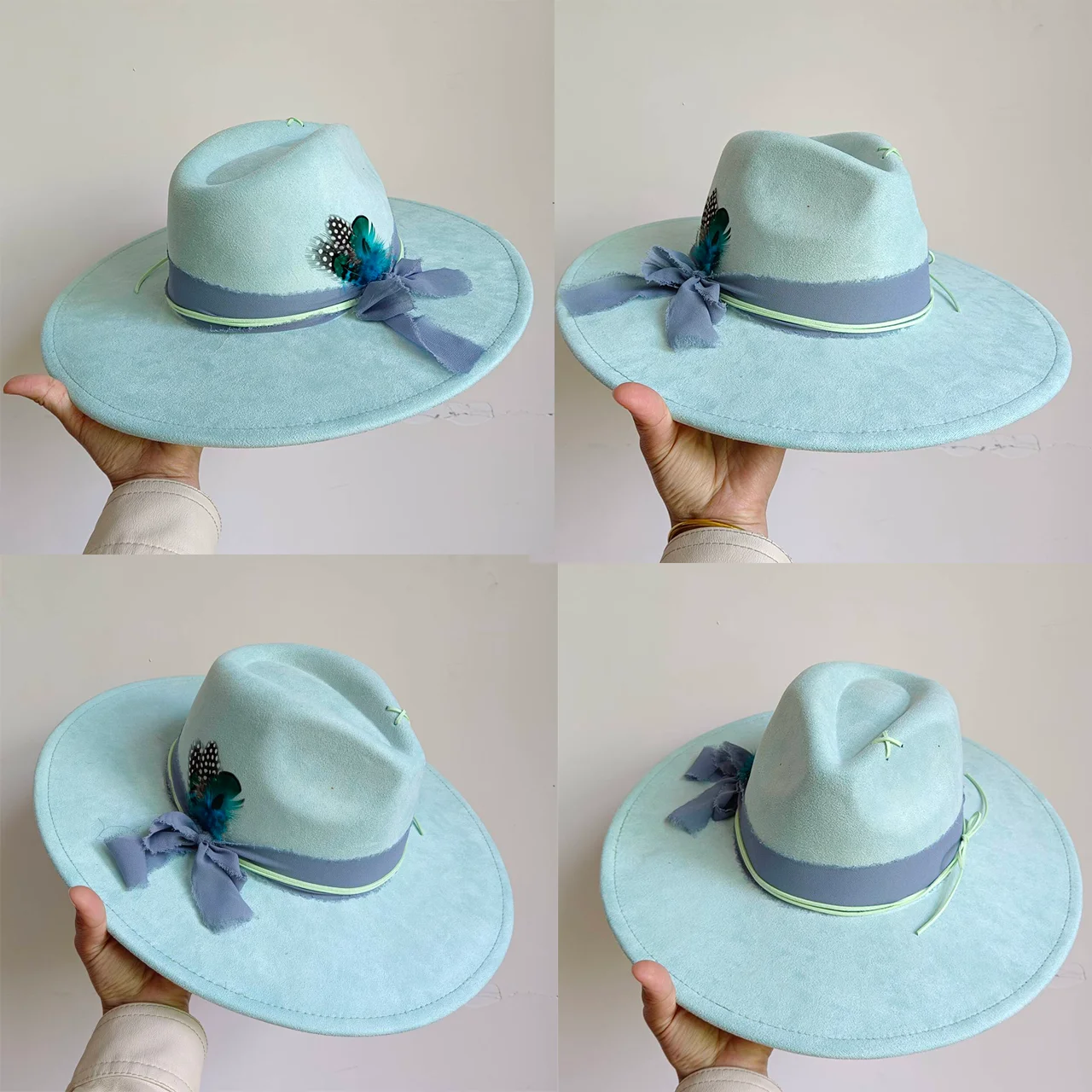 Fedora de jazz para hombre y mujer, sombrero de ala ancha de imitación de ante, accesorios de plumas de 2024 cm, color verde menta, novedad de 9,5