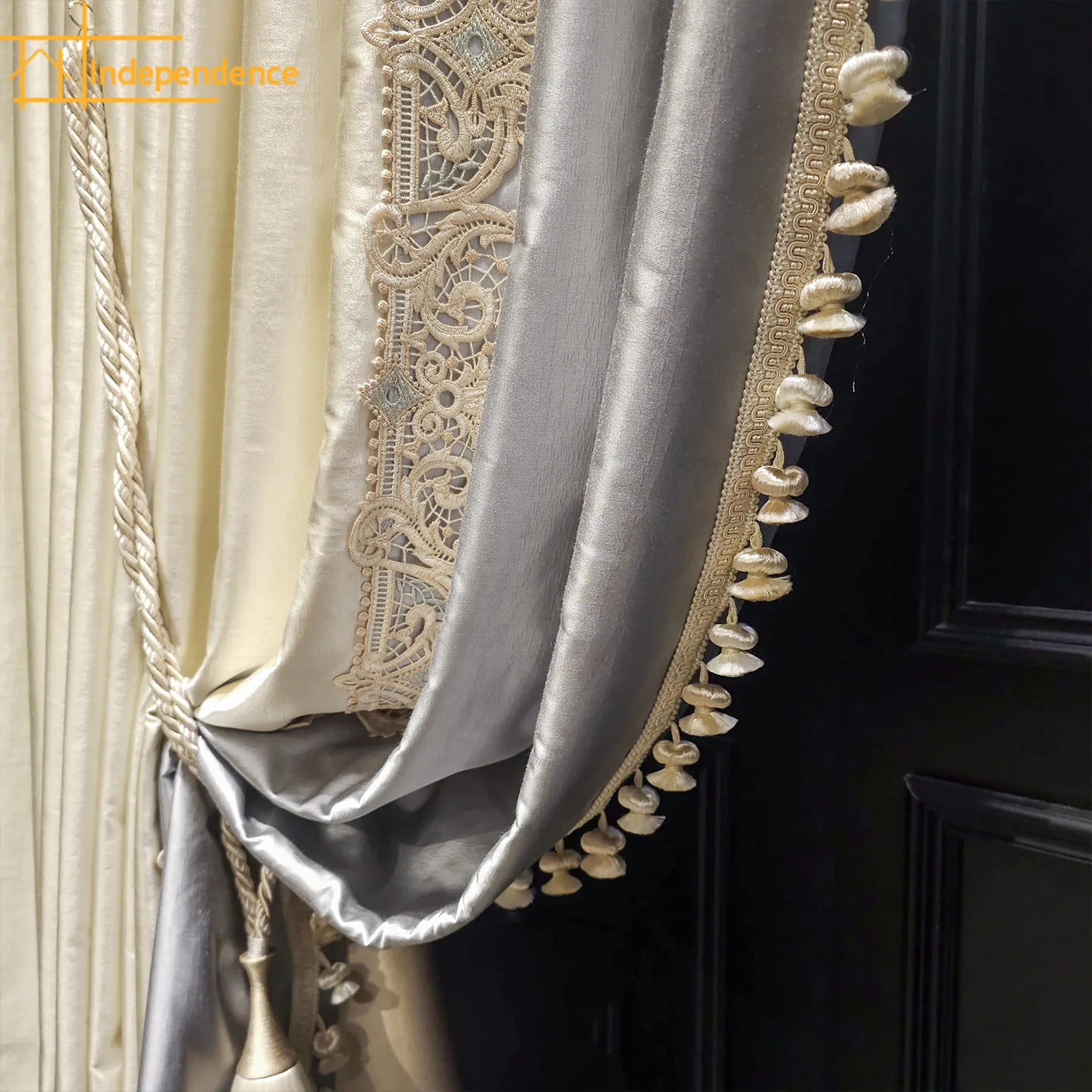 French Beige Luster Lace Patched Curtains for Living Room Bedroom French Window Balcony Customized Partition Curtain