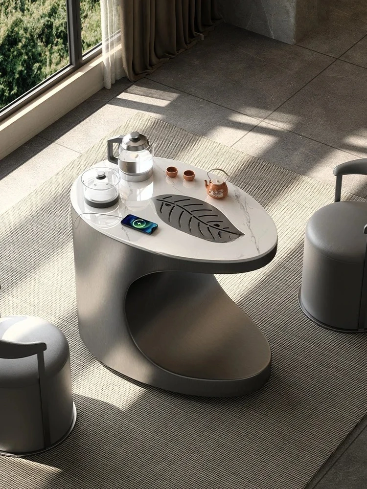 

Stone Plate Tea Table Light Luxury Minimalist Balcony Kung Fu Bubble Removable Small Tea Trolley USB Charging