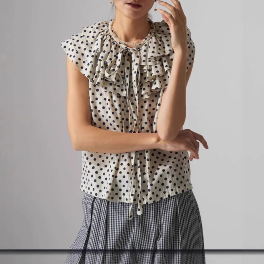 

Gagarich 2025 Summer New Japanese Polka Dot Lace Up Sleeveless Shirt Sweet Ruffle Edge Artistic Top Women