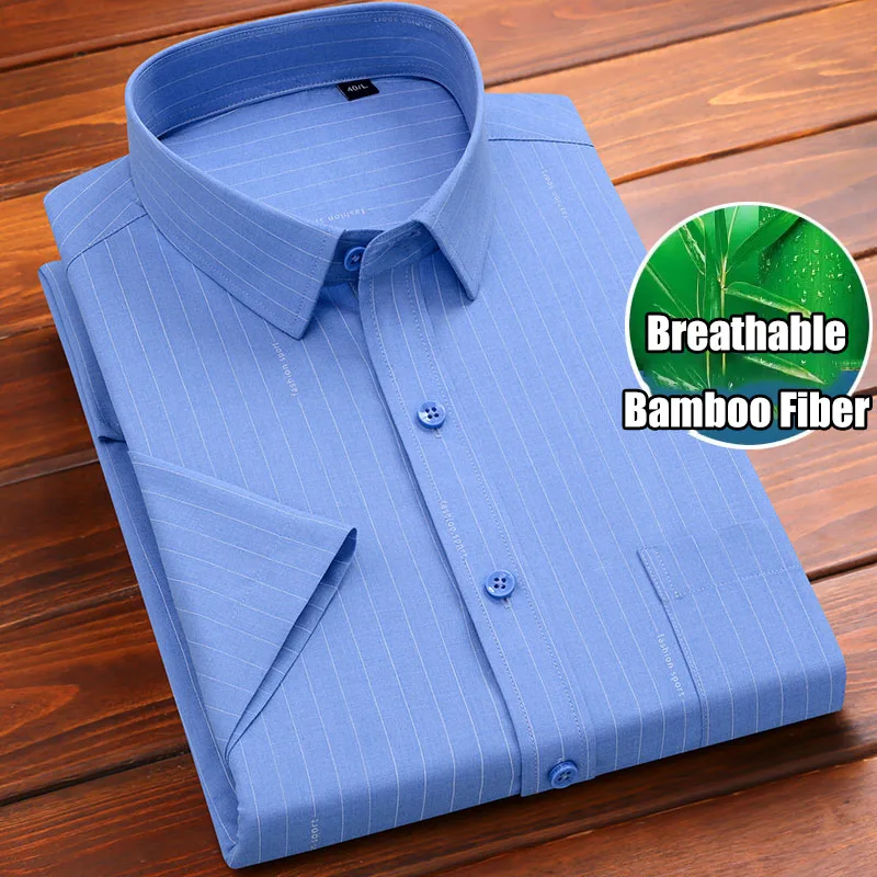 

Летние дышащие мужские рубашки из бамбукового волокна в полоску с короткими рукавами, формальные клетчатые повседневные мужские классические рубашки без глажки