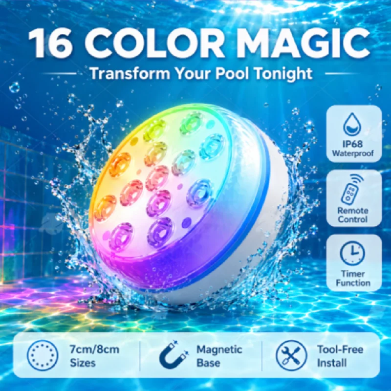 Safe Low Voltage Submersible LED Pool Lights 16 RGB Colors Wireless Remote IP68 Waterproof Light for Spa Fountain Party Decor