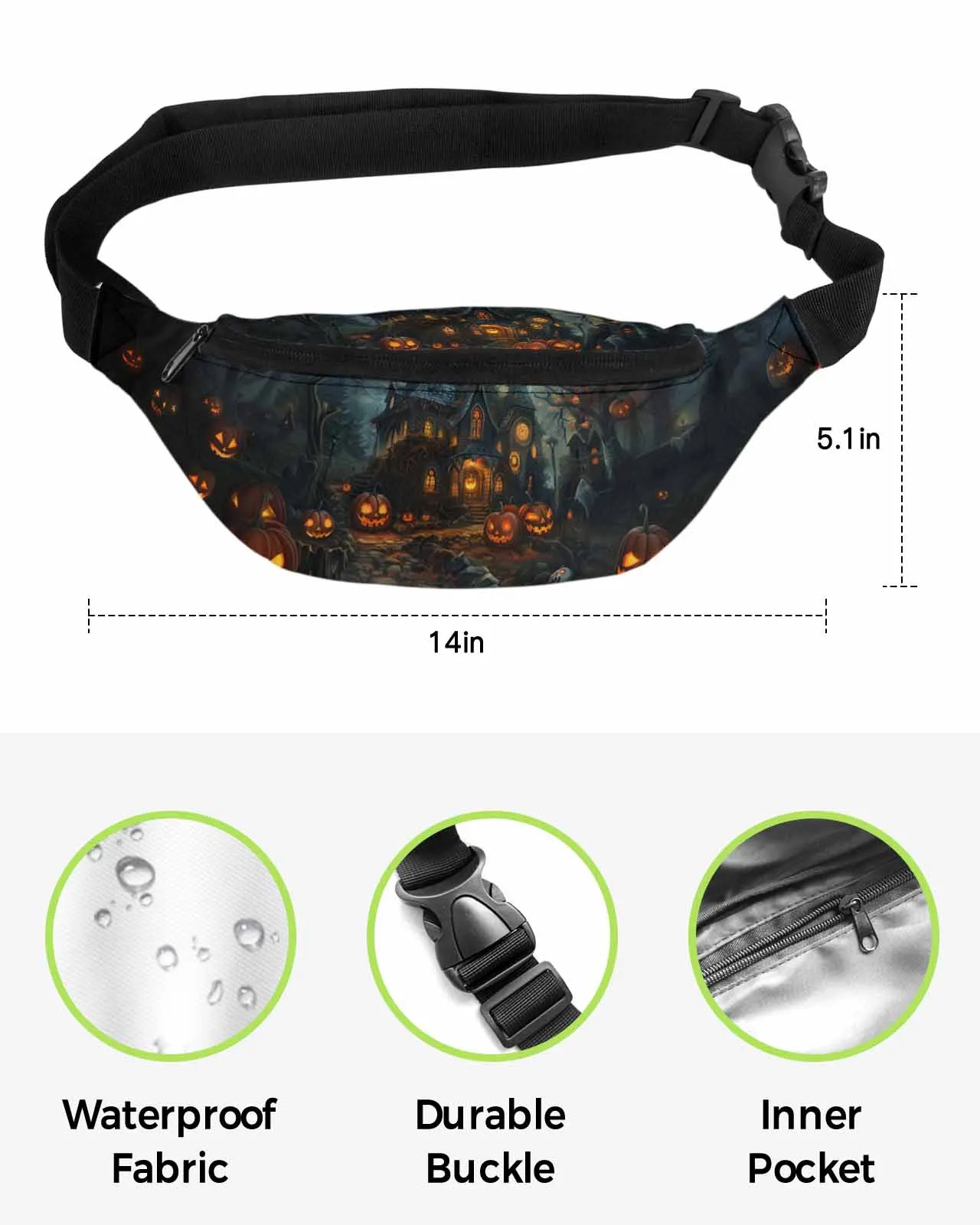 Halloween Castle Pumpkin Retro Bat Grove  Men Women Waist Bag Fanny Pack Belt Bag Wallet Pouch Waterproof Banana Hip Bags