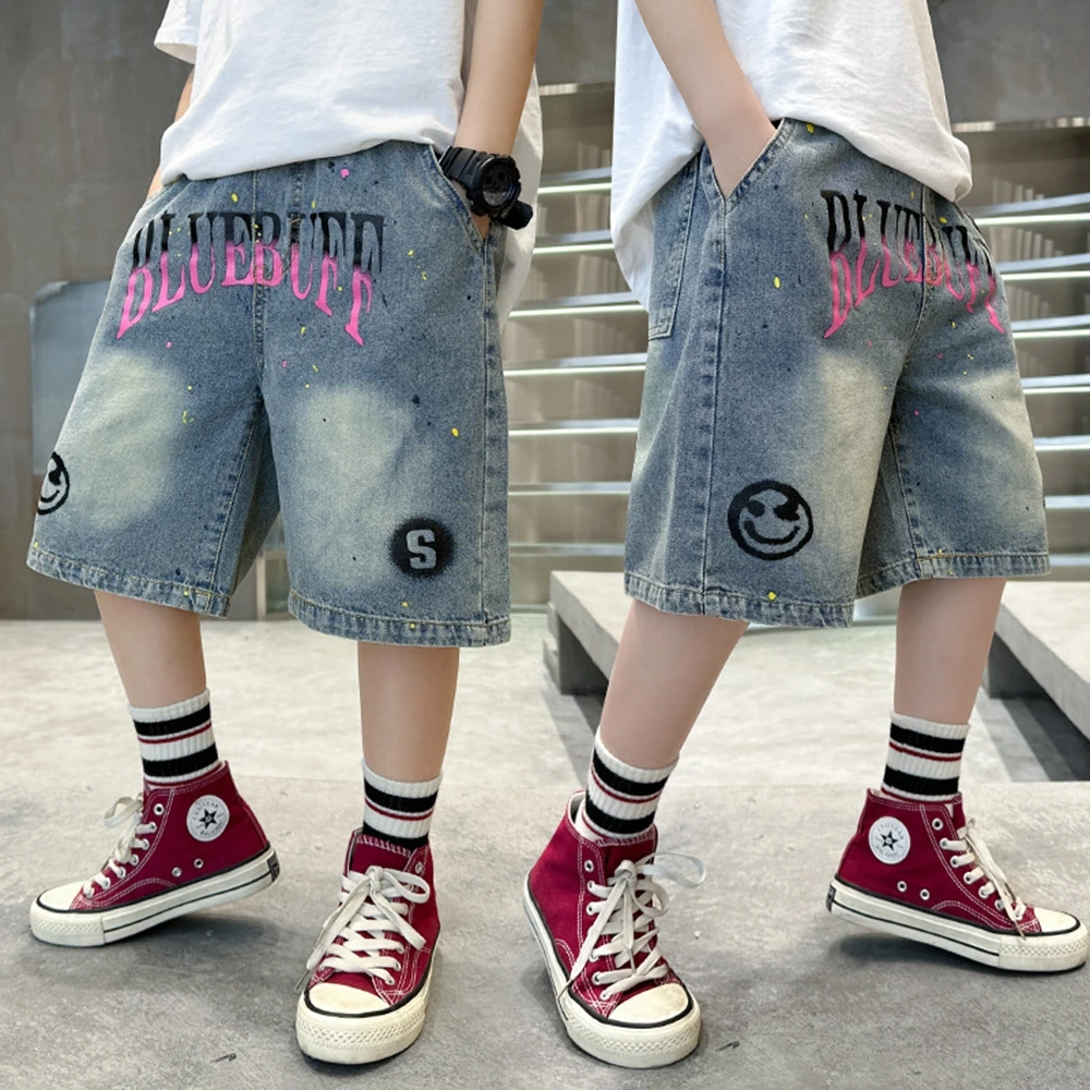 

New Kids Boys Summer Print Shorts Jeans Children Clothes Letter Printing Pants Denim Clothing Boy Casual Breathable Pants 5-15Y