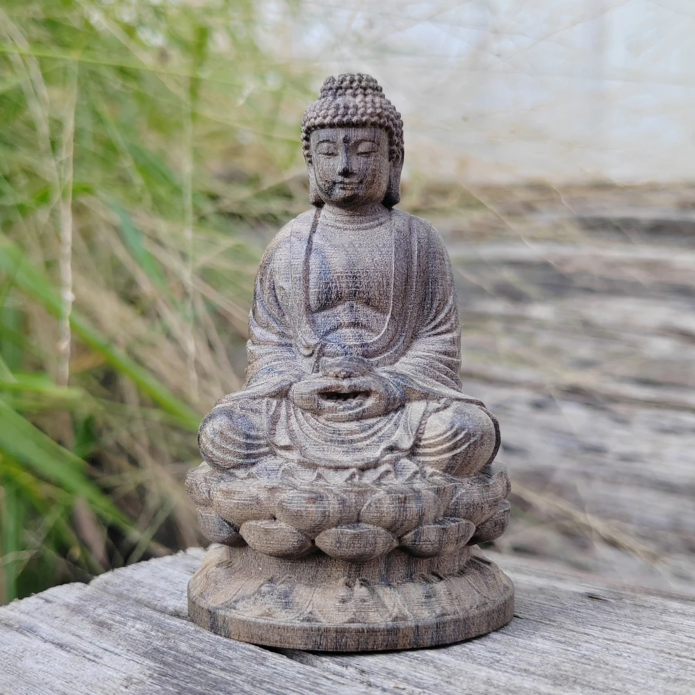 1 pieza de adorno de estatua de Buda de madera tallada a mano de 3,1 pulgadas, estilo Zen clásico, adecuado para decoraciones de Halloween, decoraciones de mesa, decoraciones navideñas, sala de estar, decoración de centro de mesa, oficina, regalos de cump