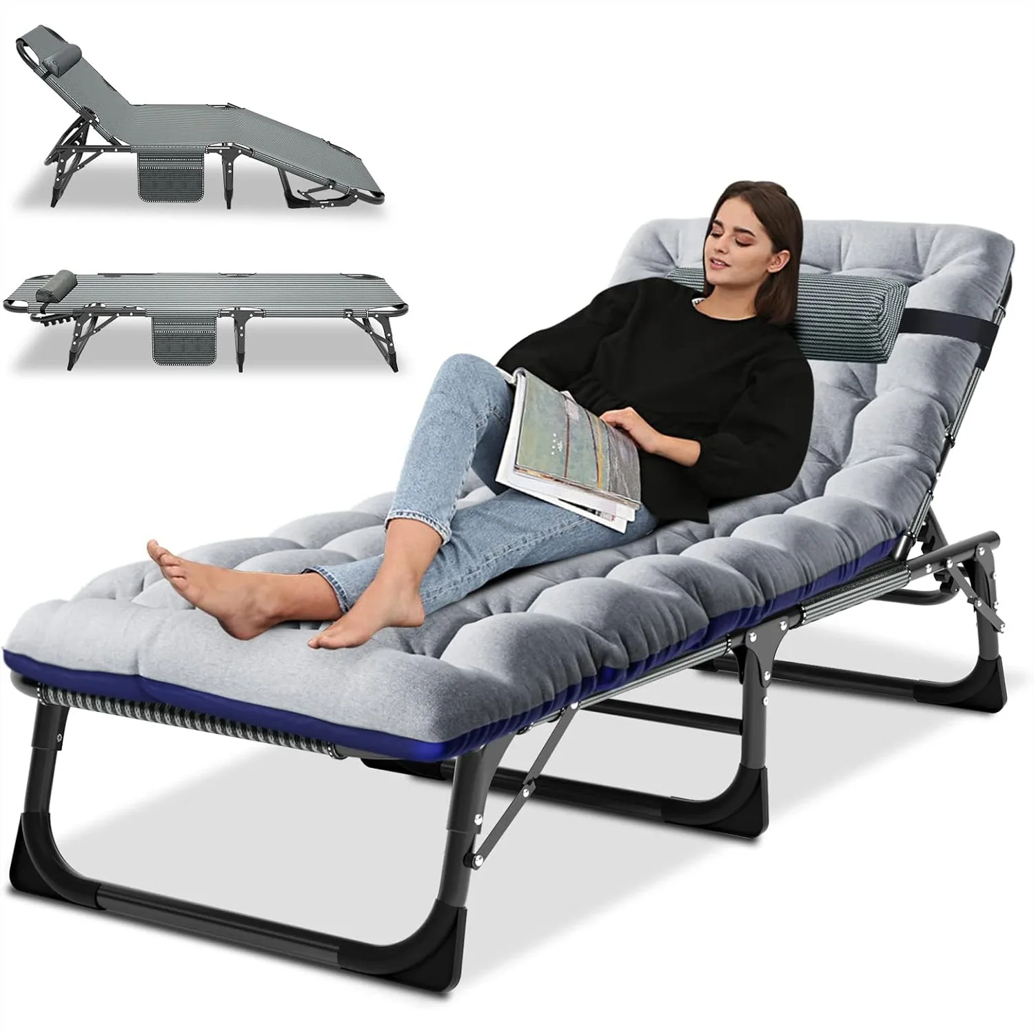

Portable Folding Camping Cot, Adjustable 4-Position Reclining Chaise with Pillow for Outdoor Travel