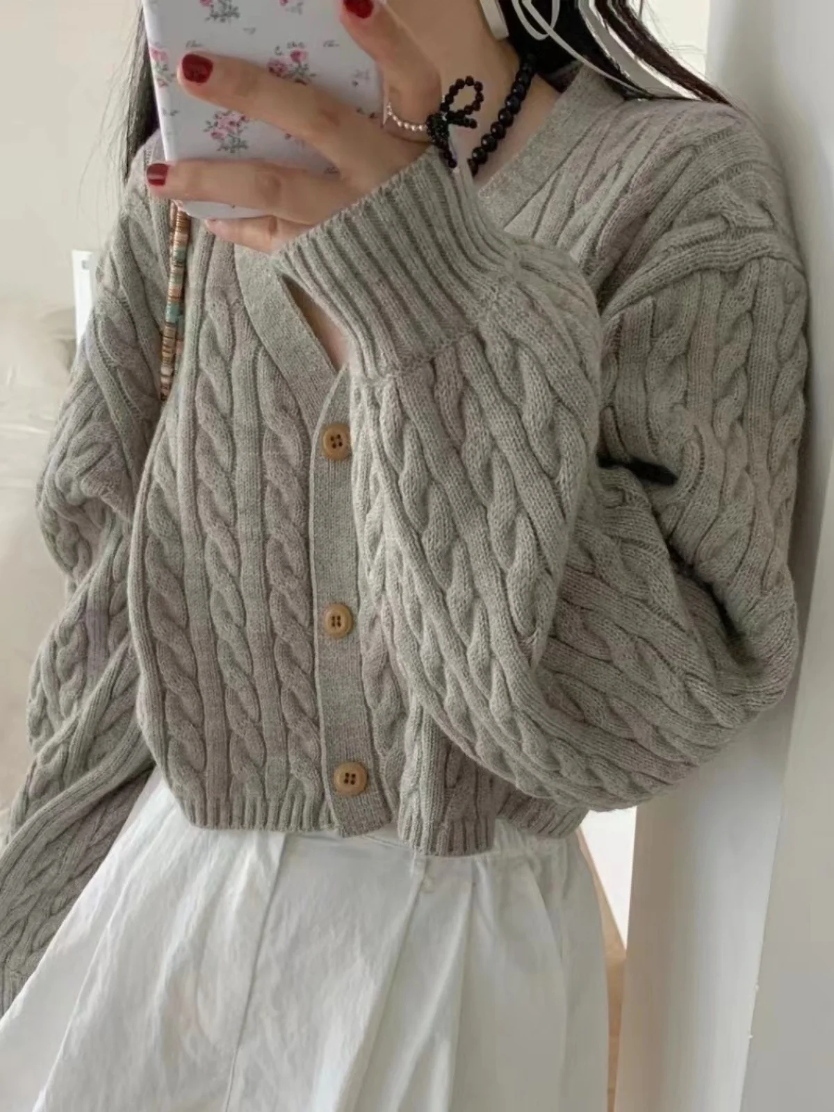 

Retro Knitted Sweater Coat Women's Winter ort Loose Lantern Sve V-Ne Twisted Knit Open Cardigan Korean Sle Top