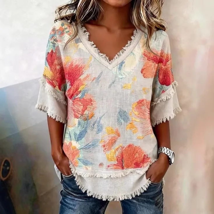 

2026 Printed Short Sleeve Small Bohemian V-neck Women's Top