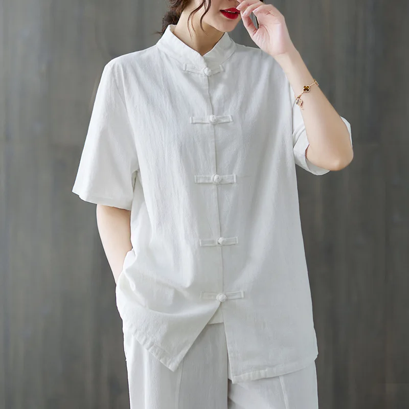 2022 Vintage Embroidered Buckle Cotton Linen Shirt Women Summer Stand Collar Loose Casual Chinese Style Top Ladies Blouses 3xl