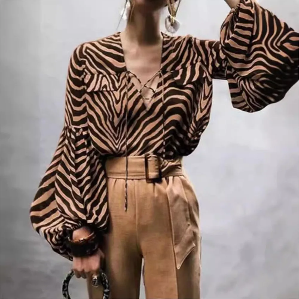 Elegant Lantern Sleeve Top Blouses Tops 2024 Women\'s Spring And Autumn New Item Zebra Print V-neck Lace Up Long Sleeved Shirt