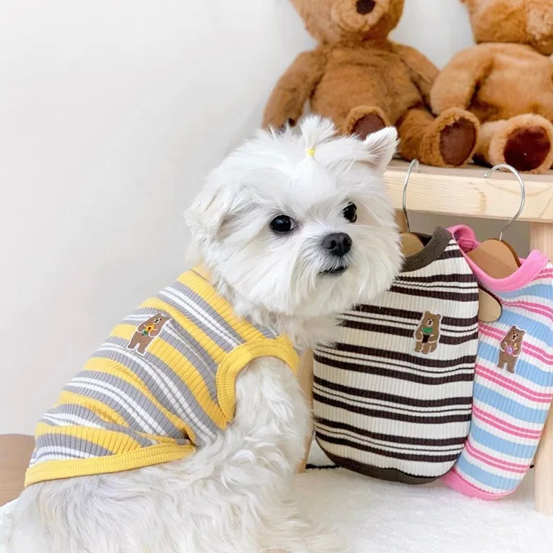 Dog Vest Puppy Clothes Summer Pet Clothing Cotton Bear Print T-Shirt Striped Dog Shirt Chihuahua Korean Style Girls Dog Costume