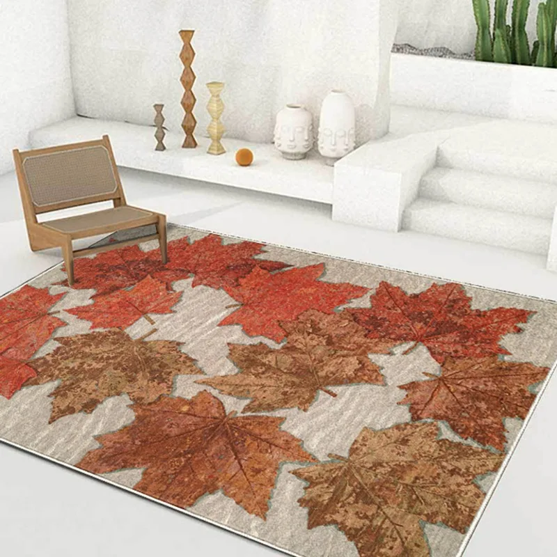 New Machine Washable Beautiful Orange Red 3D Maple Leaf Plant Brown Off White Bedroom Living Room Carpet Floor Mat