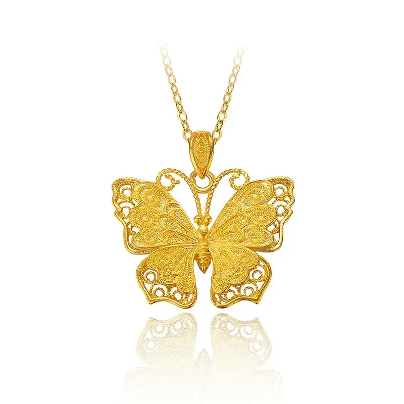 Au999 Echt Goud 24K Geel Zijde Vlinder Hanger Antiek Gouden Vlinder Ketting Dames High-End Sleutelbeen Ketting