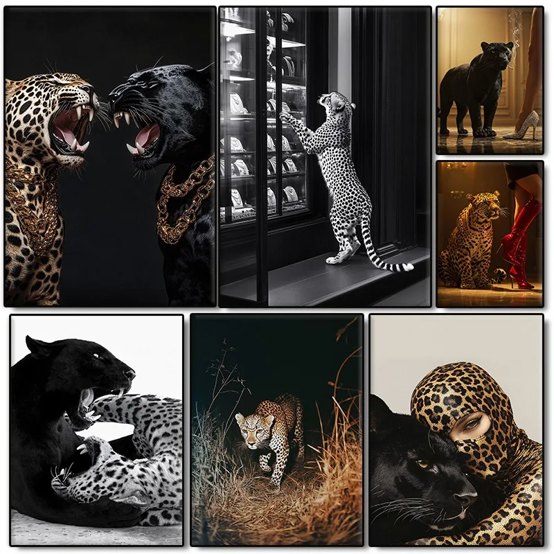 Cheetah Leopard Black Panther Poster Ferocious Animal and Woman Photography Canvas Painting Fashion Wall Art for Room Home Decor