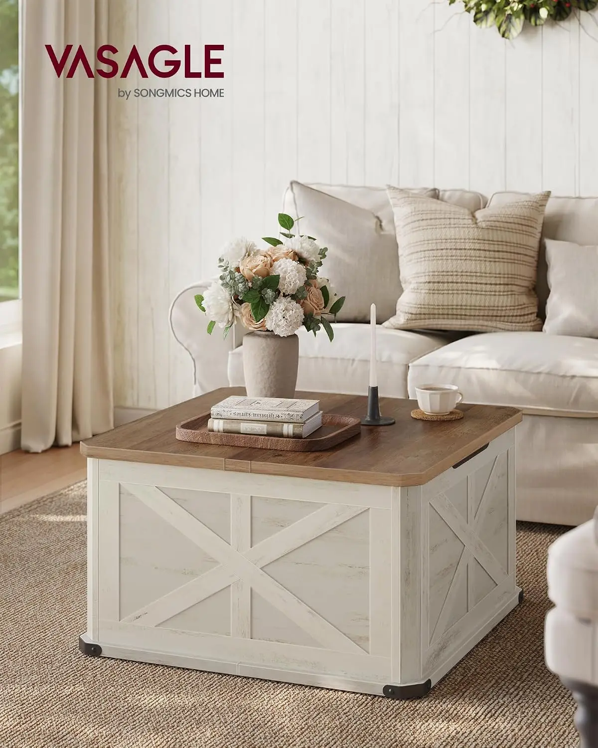 Collection - Farmhouse Coffee Table with Storage, Square Coffee Table for Living Room, Center Table with Flip-Top Lids, Honey Brown and Rustic White