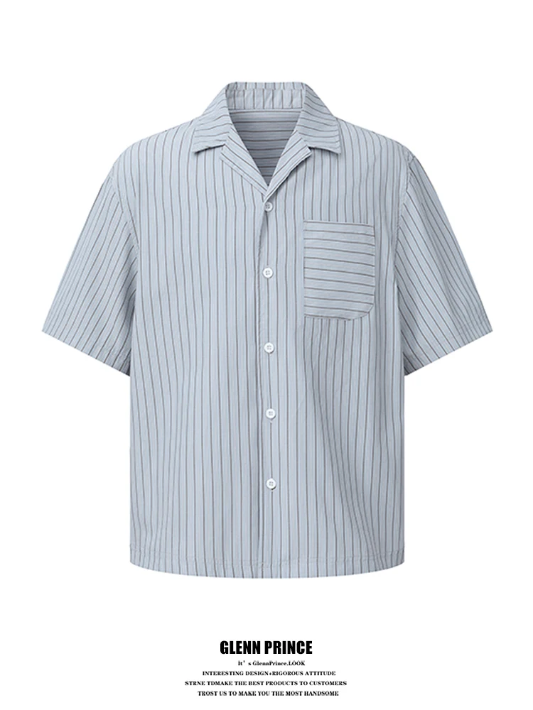 

Мужская летняя рубашка с коротким рукавом и кубинским воротником в синюю полоску, повседневный стиль, корейская мода, GPstudio Cityboy, дышащий полиэстер