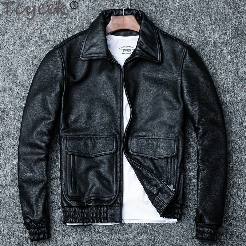 Real Leather Jacket Mens Vintage New Short Cowhide Leather Coats Slim Fit Lapel Male Flight Suit Spring Fall Large Size Coat