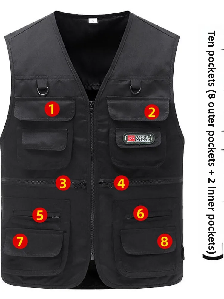 

2025 New Men's Casual Thin Multi-ket Outdoor Vest Faion Urban Workwear Fiing Dad Clothes Stand Fit Polyester Fiber