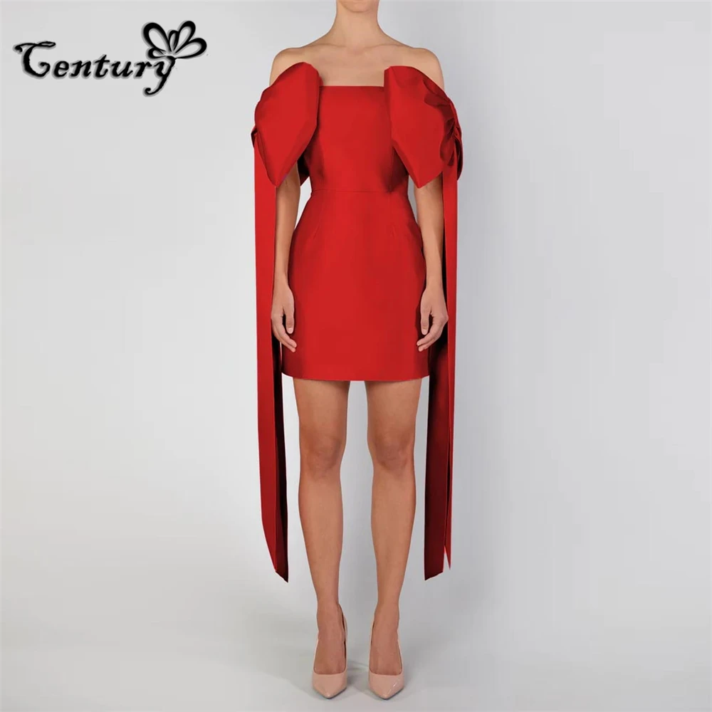 

Red Short Prom Dress Big Bow Off Shoulder Above Knee Mini Evening Party Gowns Cocktail Dresses Robe De Soiree Customized