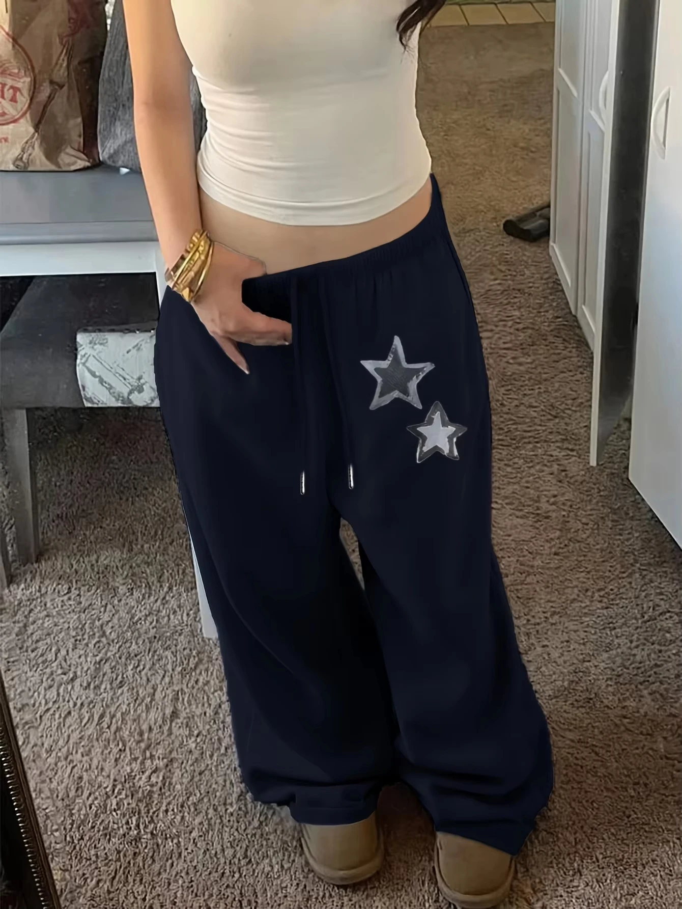 2026 Fashion Trend Unisex Quick Dry Straight Long Pants Hip Hop Streetwear Trousers, Retro Star Print Elastic Waist Drawstring