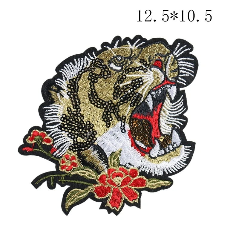 Large size domineering tiger embroidery sequin patch men\'s clothing coat badge Iron-on clothes hole sewing decoration